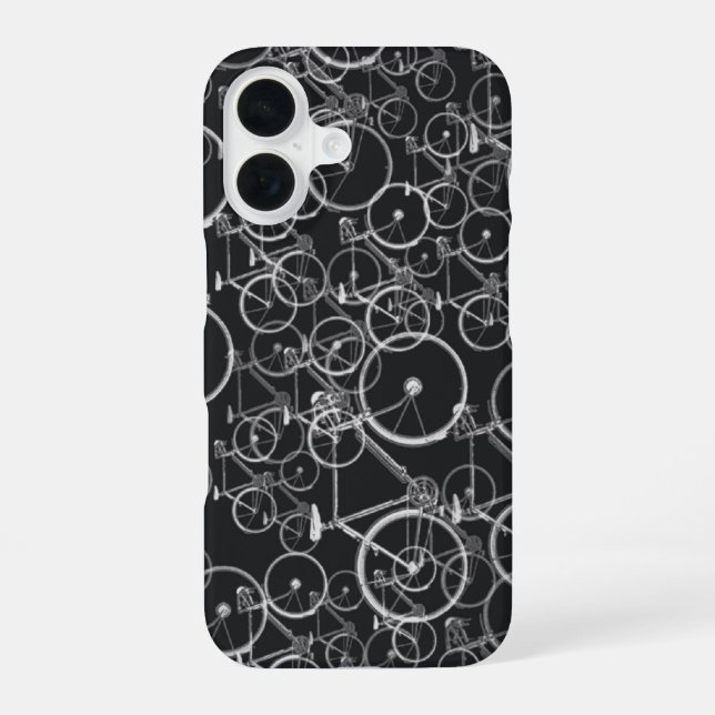 bikes pattern in black and white iPhone 16 case (Back)