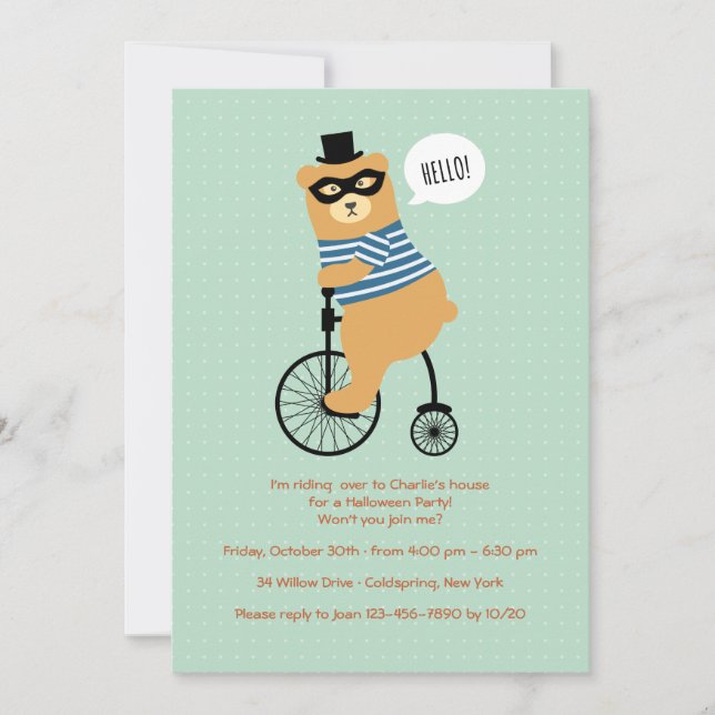 Biking Bear With Mask Halloween Invitation (Front)