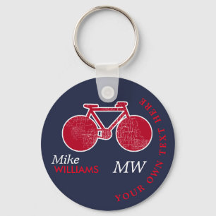 biking, red bike on blue key-chain with name key ring