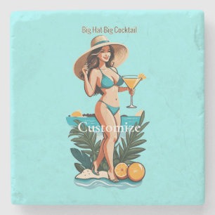 Bikini Babe Big Hat- Big Cocktail Thunder_Cove Stone Coaster
