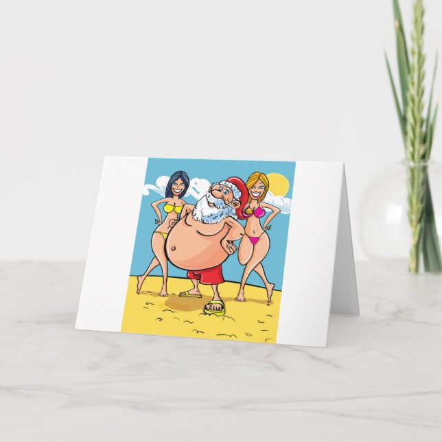 bikini beach santa claus holiday card (Front)