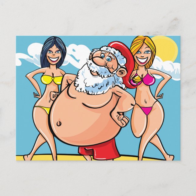 bikini beach santa claus holiday postcard (Front)