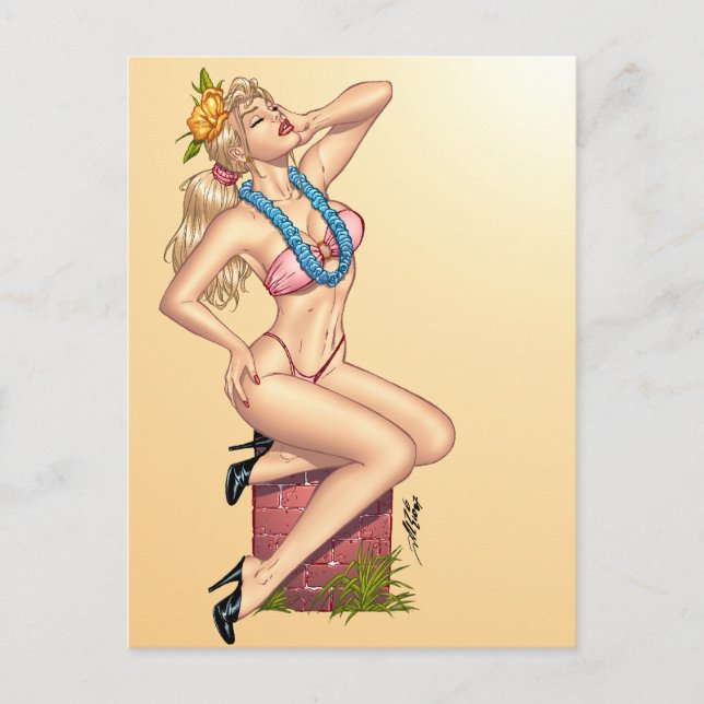 Bikini Blonde Pin-up Girl with Flowers by Al Rio Postcard (Front)