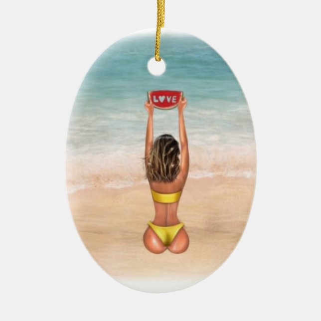 Bikini Girl on Beach Christmas Ornament (Front)