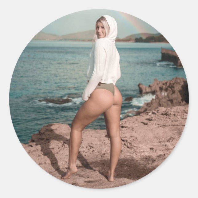 Bikini Girl Photo Postcard Classic Round Sticker (Front)