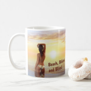 Bikini Girl Posing in the Sea at Sunset Coffee Mug
