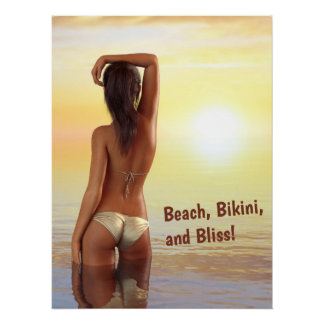 Bikini Girl Posing in the Sea at Sunset Poster