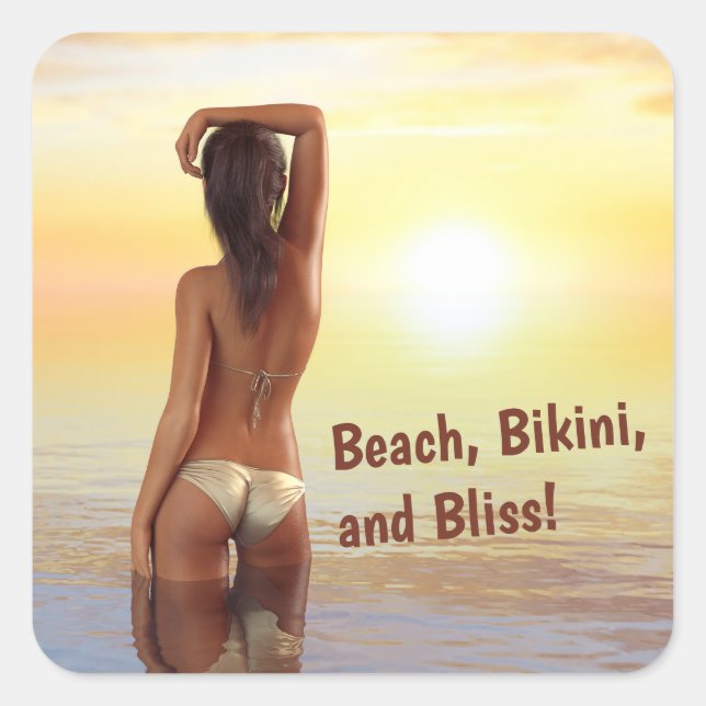 Bikini Girl Posing in the Sea at Sunset Square Sticker (Front)