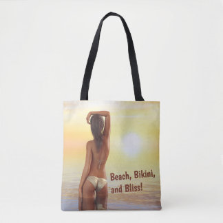 Bikini Girl Posing in the Sea at Sunset Tote Bag