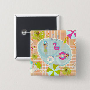 Bikini girls and guys playing swimming pool game 15 cm square badge