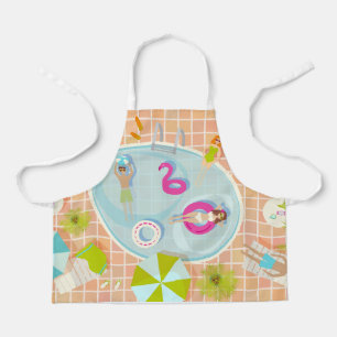 Bikini girls and guys playing swimming pool game apron