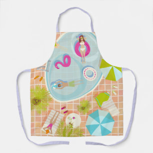 Bikini girls and guys playing swimming pool game apron