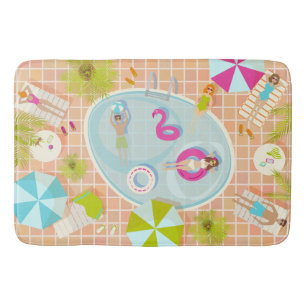 Bikini girls and guys playing swimming pool game bath mat