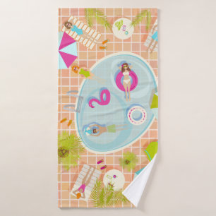 Bikini girls and guys playing swimming pool game bath towel