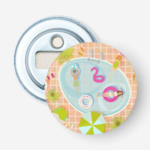Bikini girls and guys playing swimming pool game bottle opener
