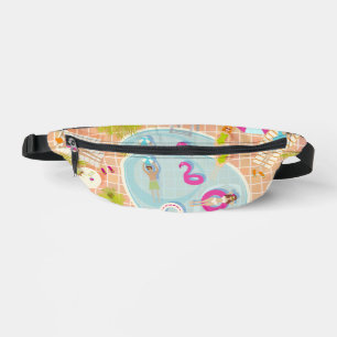 Bikini girls and guys playing swimming pool game bum bags