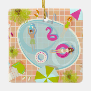 Bikini girls and guys playing swimming pool game ceramic ornament