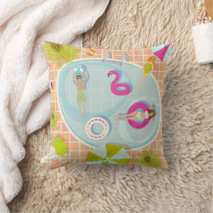 Bikini girls and guys playing swimming pool game cushion