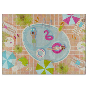 Bikini girls and guys playing swimming pool game cutting board