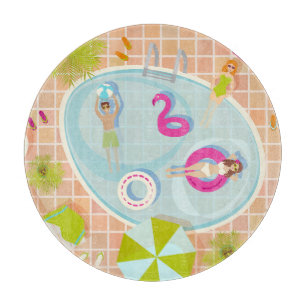 Bikini girls and guys playing swimming pool game cutting board