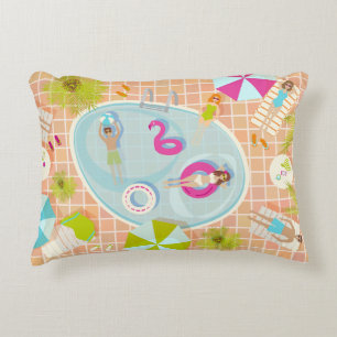 Bikini girls and guys playing swimming pool game decorative cushion