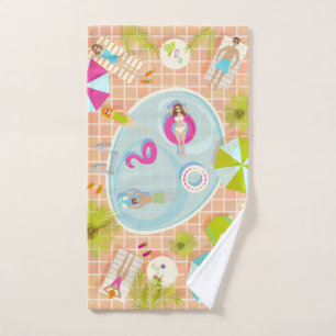 Bikini girls and guys playing swimming pool game hand towel
