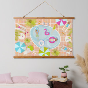 Bikini girls and guys playing swimming pool game hanging tapestry