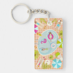 Bikini girls and guys playing swimming pool game key ring