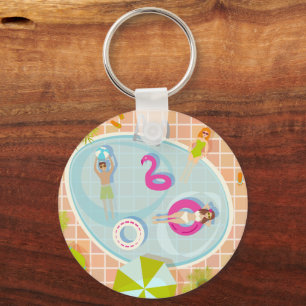 Bikini girls and guys playing swimming pool game key ring