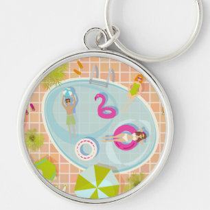 Bikini girls and guys playing swimming pool game key ring