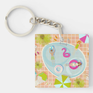 Bikini girls and guys playing swimming pool game key ring