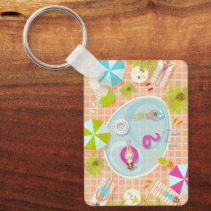 Bikini girls and guys playing swimming pool game key ring