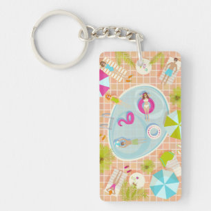 Bikini girls and guys playing swimming pool game key ring