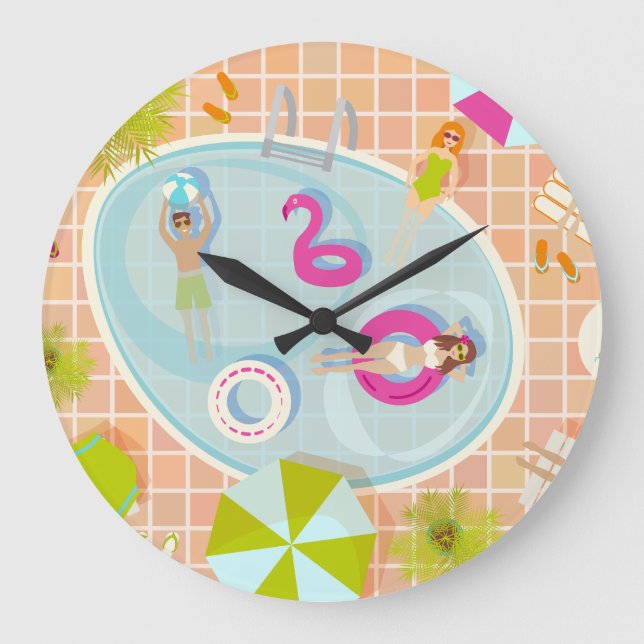 Bikini girls and guys playing swimming pool game large clock (Front)