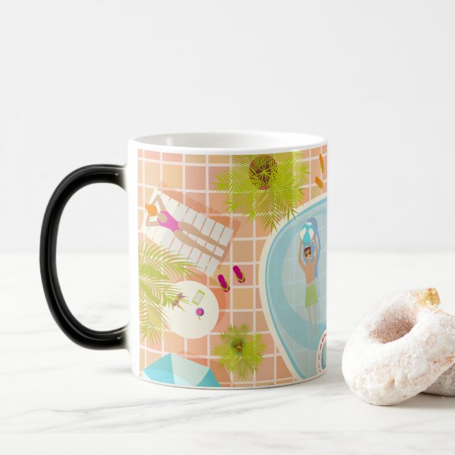 Bikini girls and guys playing swimming pool game magic mug (With Donut)