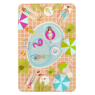 Bikini girls and guys playing swimming pool game magnet