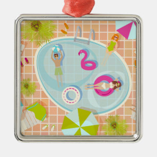 Bikini girls and guys playing swimming pool game metal tree decoration