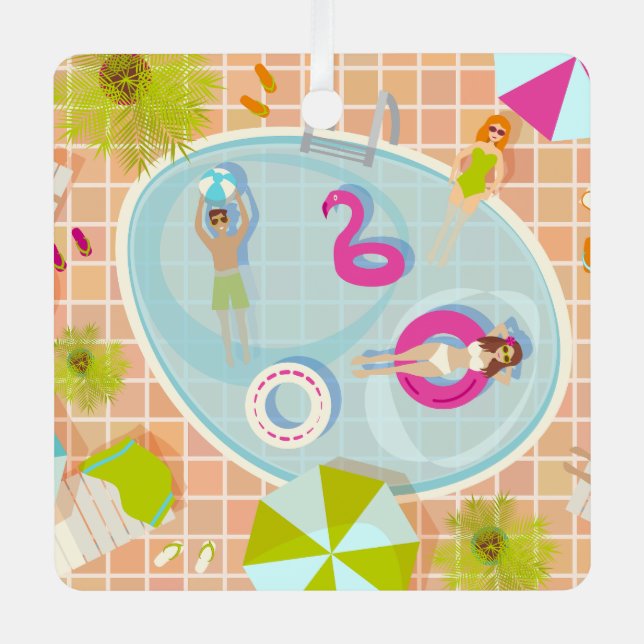 Bikini girls and guys playing swimming pool game metal tree decoration (Front)