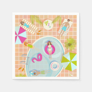 Bikini girls and guys playing swimming pool game napkin