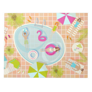 Bikini girls and guys playing swimming pool game notepad