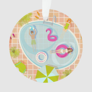Bikini girls and guys playing swimming pool game ornament