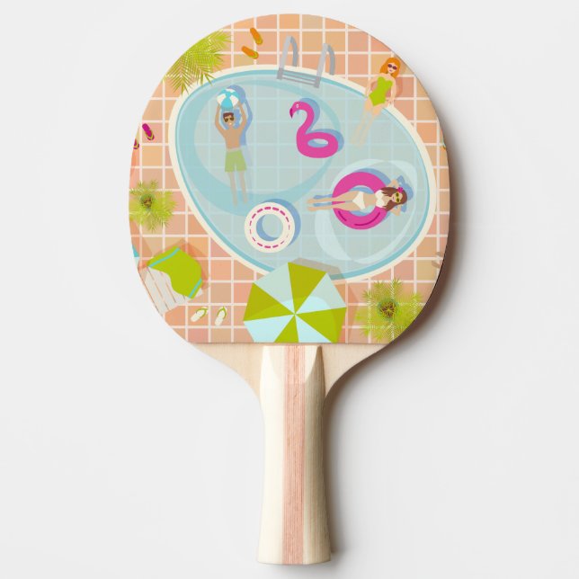 Bikini girls and guys playing swimming pool game ping pong paddle (Front)