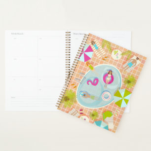 Bikini girls and guys playing swimming pool game planner