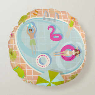 Bikini girls and guys playing swimming pool game round cushion
