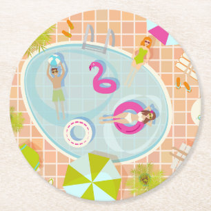 Bikini girls and guys playing swimming pool game round paper coaster