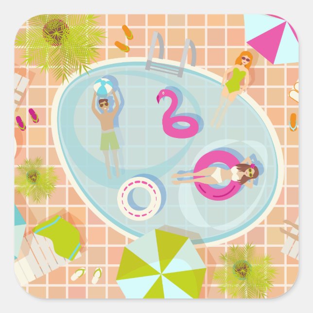 Bikini girls and guys playing swimming pool game square sticker (Front)