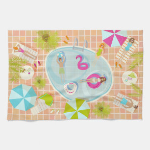 Bikini girls and guys playing swimming pool game tea towel