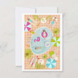 Bikini girls and guys playing swimming pool game thank you card