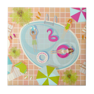 Bikini girls and guys playing swimming pool game tile