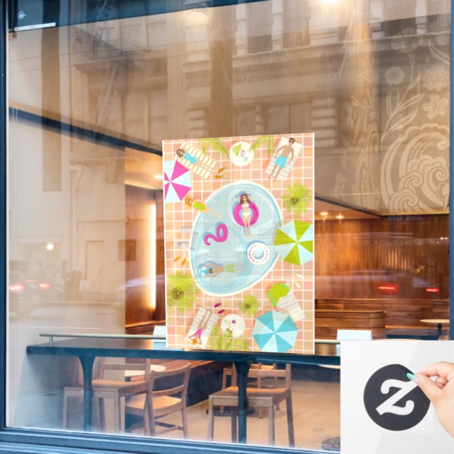 Bikini girls and guys playing swimming pool game window cling (Cafe Window)